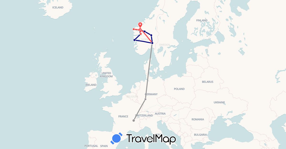 TravelMap itinerary: driving, plane, hiking in Germany, France, Norway (Europe)